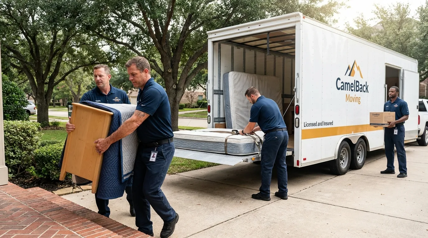 Crew loading residential truck for cross-state move from Falkville, AL
