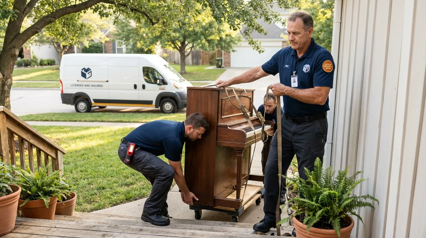 Licensed piano movers securing grand piano in Falkville, AL
