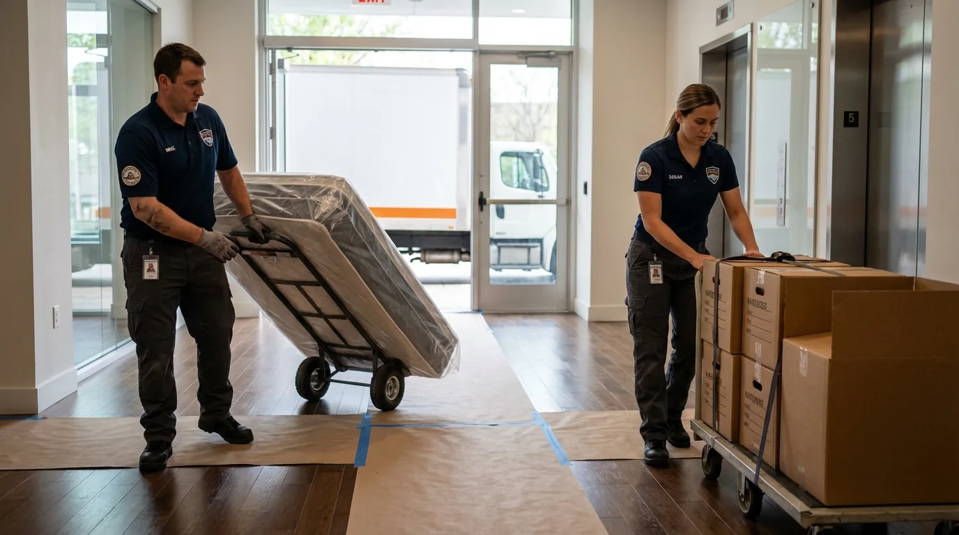 Professional apartment movers loading elevator in Falkville, AL